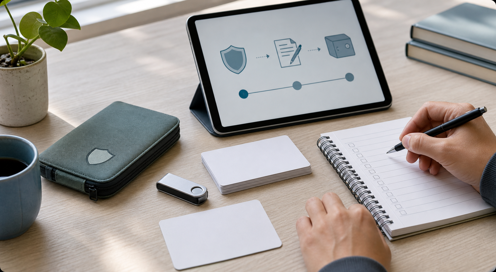 A recovery practice setup with a tablet training screen, offline backup cards, a hardware wallet, and a handwritten checklist.